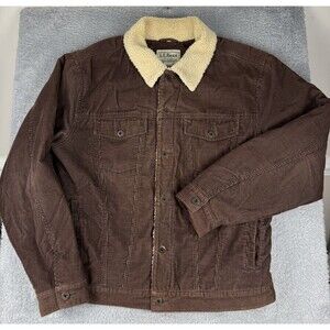 LL Bean Corduroy Trucker Jacket Mens Size L Sherpa Fleece Lined Brown Heavyweigh